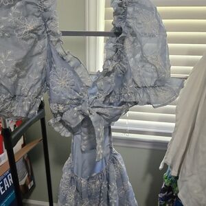 Peach Love California Blue Dress with White Floral Design